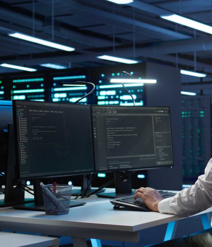 Engineers in high tech data center establishment installing software on computer, troubleshooting issues. Team of IT specialists in server room establishing performance benchmarks