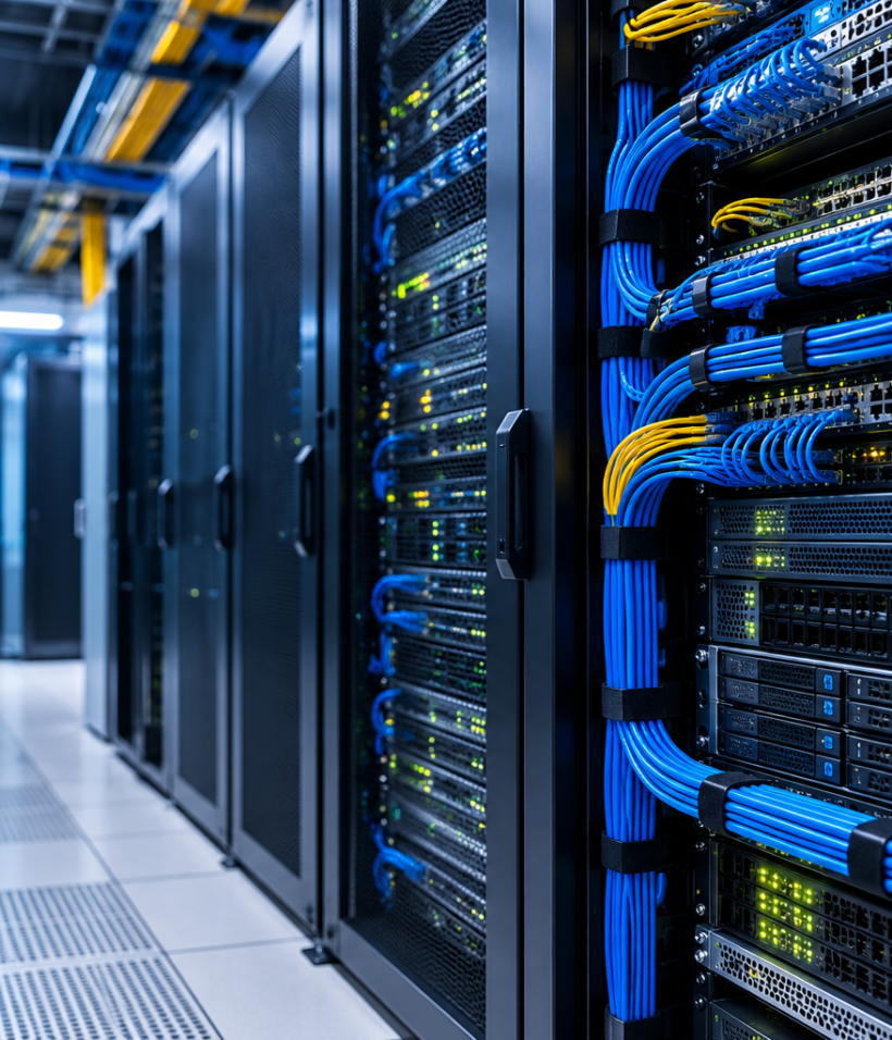 Cinematic Blue-Lit Data Centre Aisle