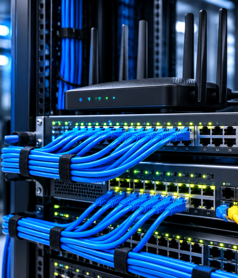 Cinematic Network Rack with Glowing LEDs