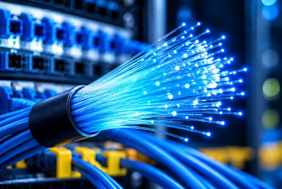 Glowing Fiber Optics in Network Rack
