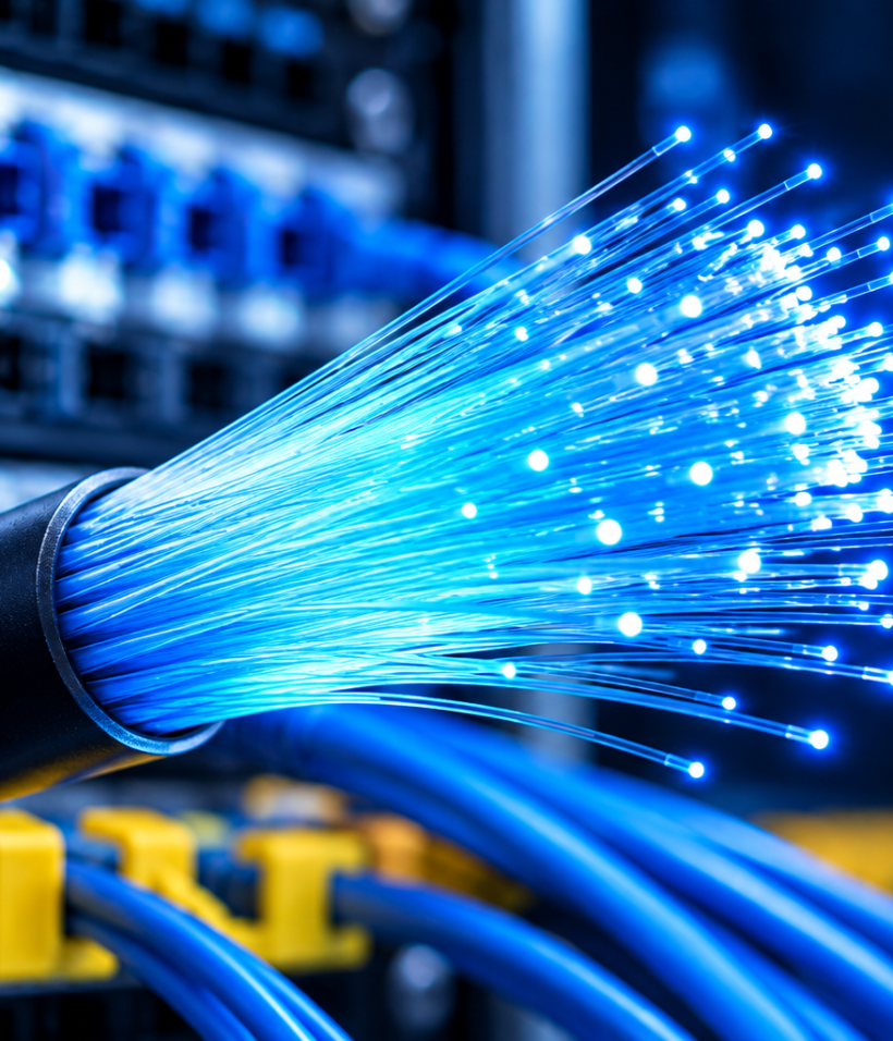 Glowing Fiber Optics in Network Rack